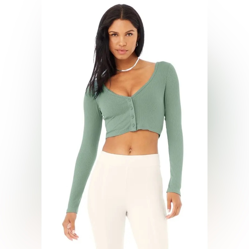ALO Yoga Ribbed Cropped Whisper Cardigan Soft Seagrass Green